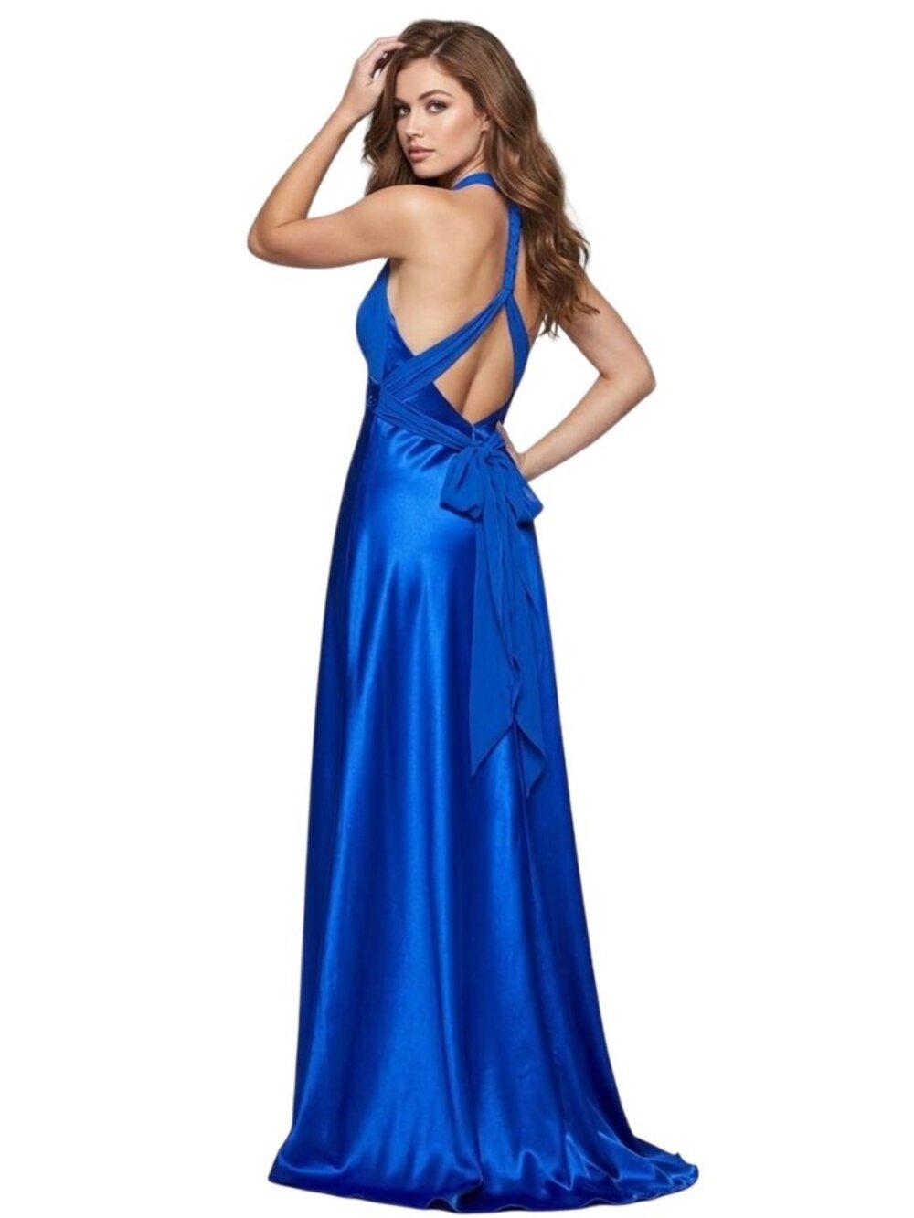 OC By OC Cobalt Blue Halter Silk Satin Gown Jeweled A-Line Maxi Dress Prom VTG